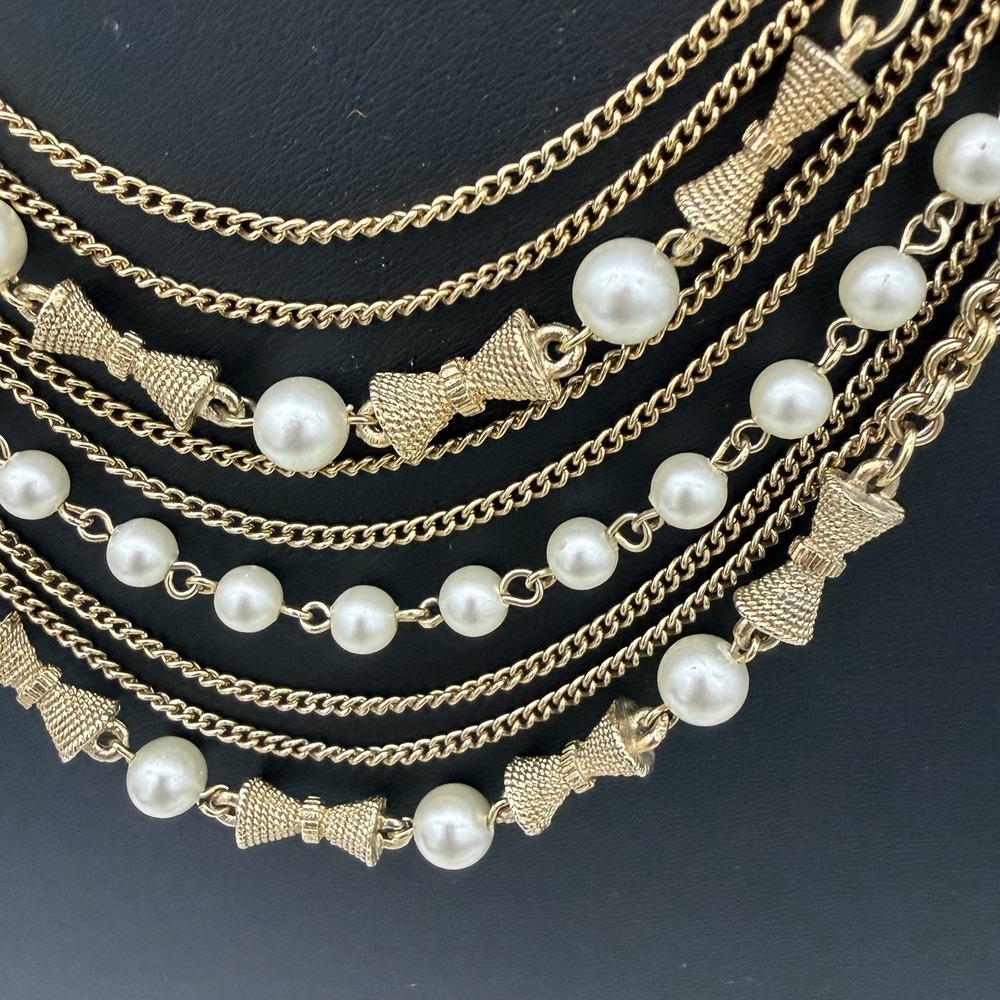 vtg gold tone multi chain statement necklace Faux Pearls heavy